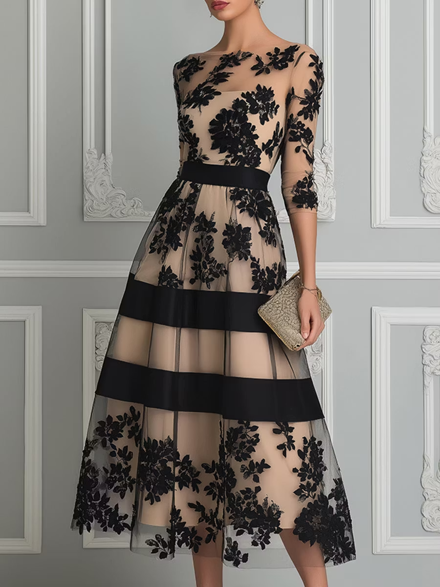 Vestido Midi Elegante de Corte A en Encaje Negro